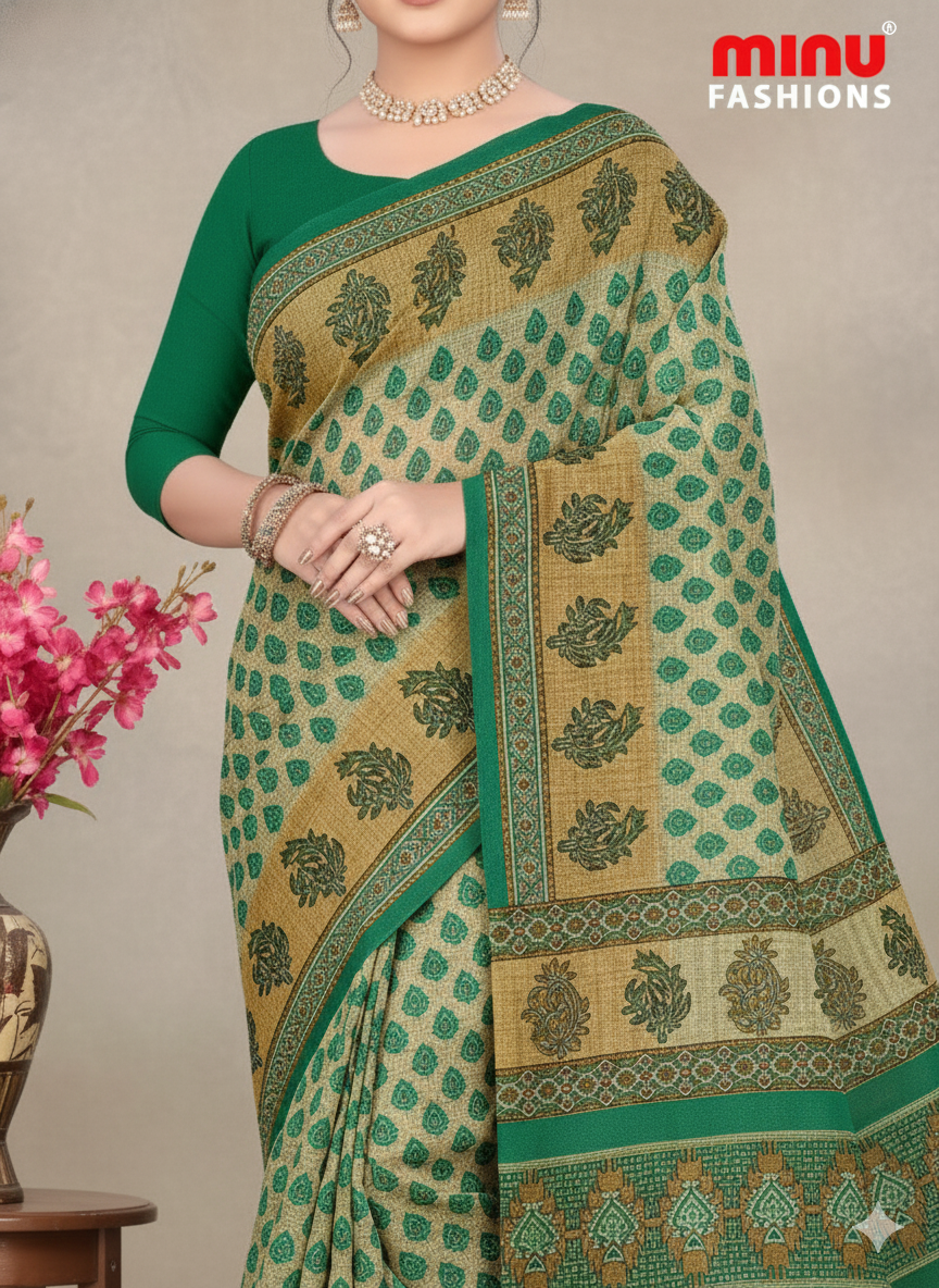 Malaika Cotton Printed Saree Green 7763