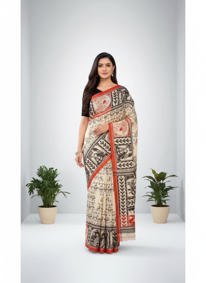 Srimoyee Cotton Printed Saree Off-White