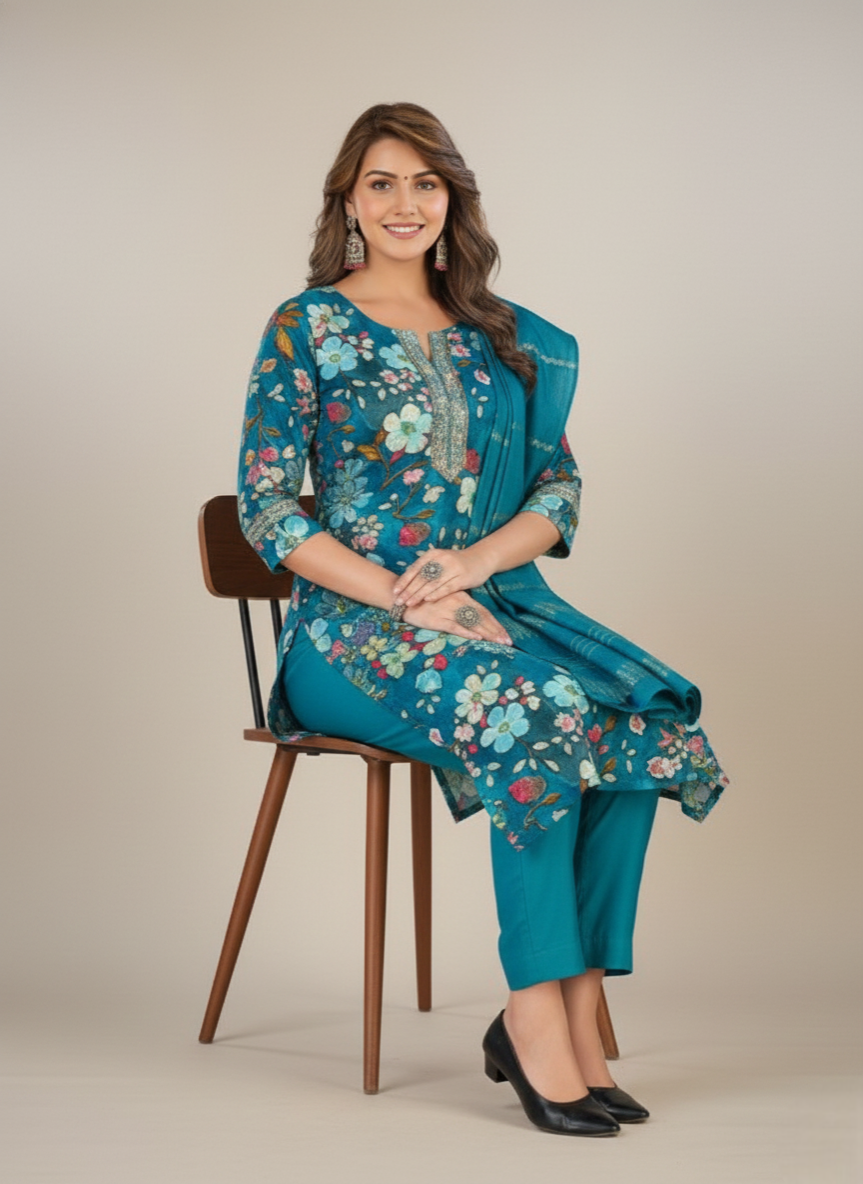 Shloka Chanderi Printed Stitched Salwar Suit 44" Teal Green