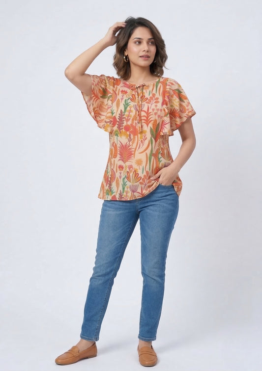 Woman wearing a floral blouse and blue jeans on a white background