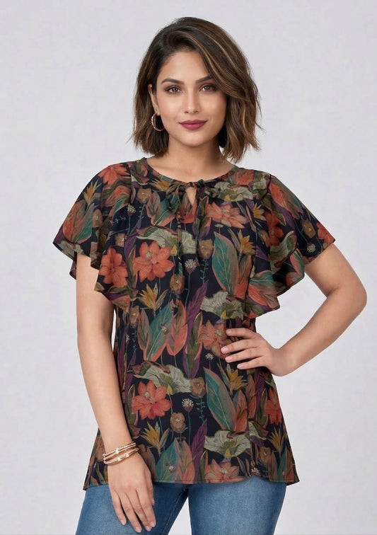 Woman wearing a floral blouse with ruffled sleeves on a plain background