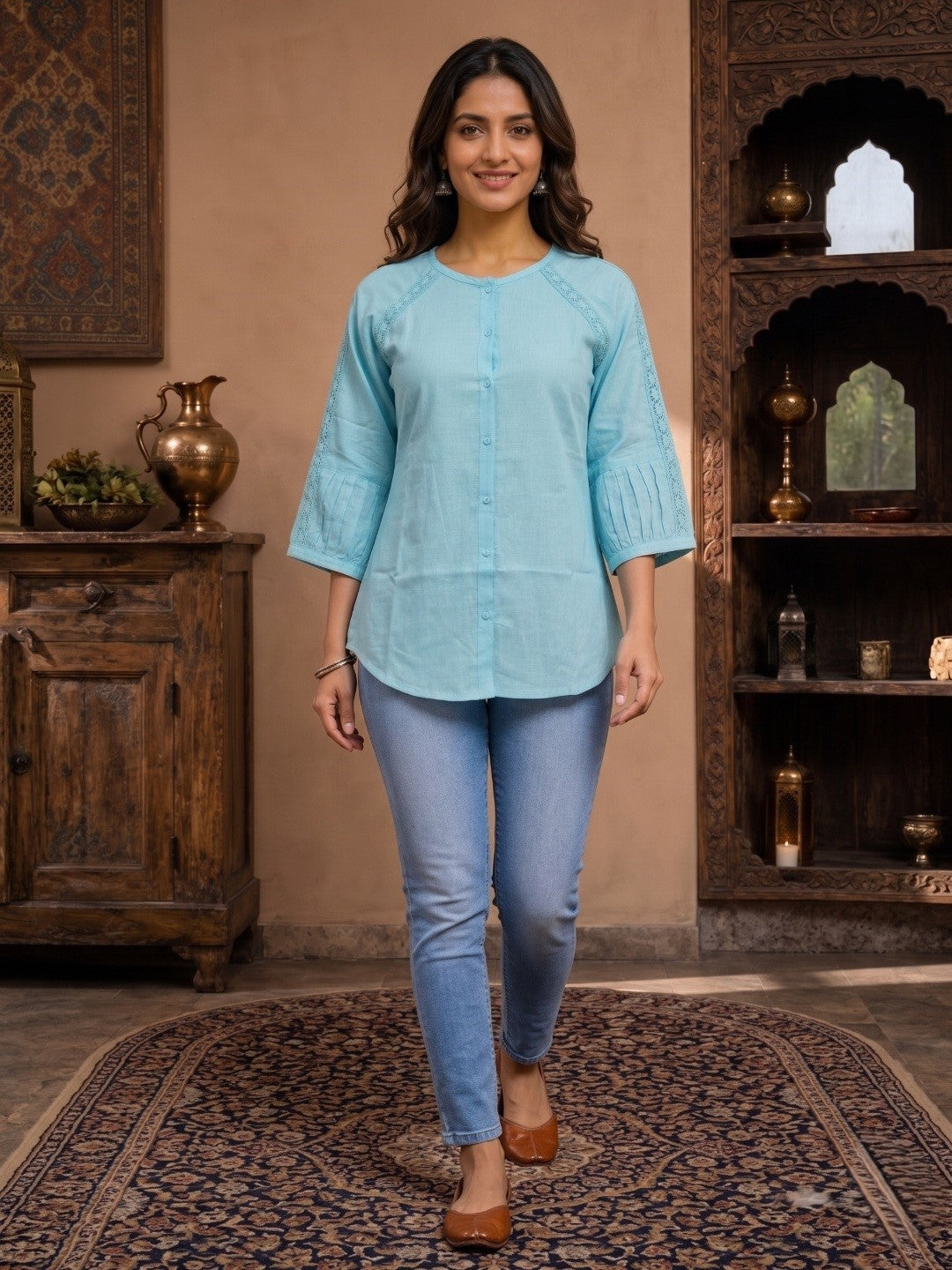 Minu Nidhi Women Solid Colour Round Neck Top