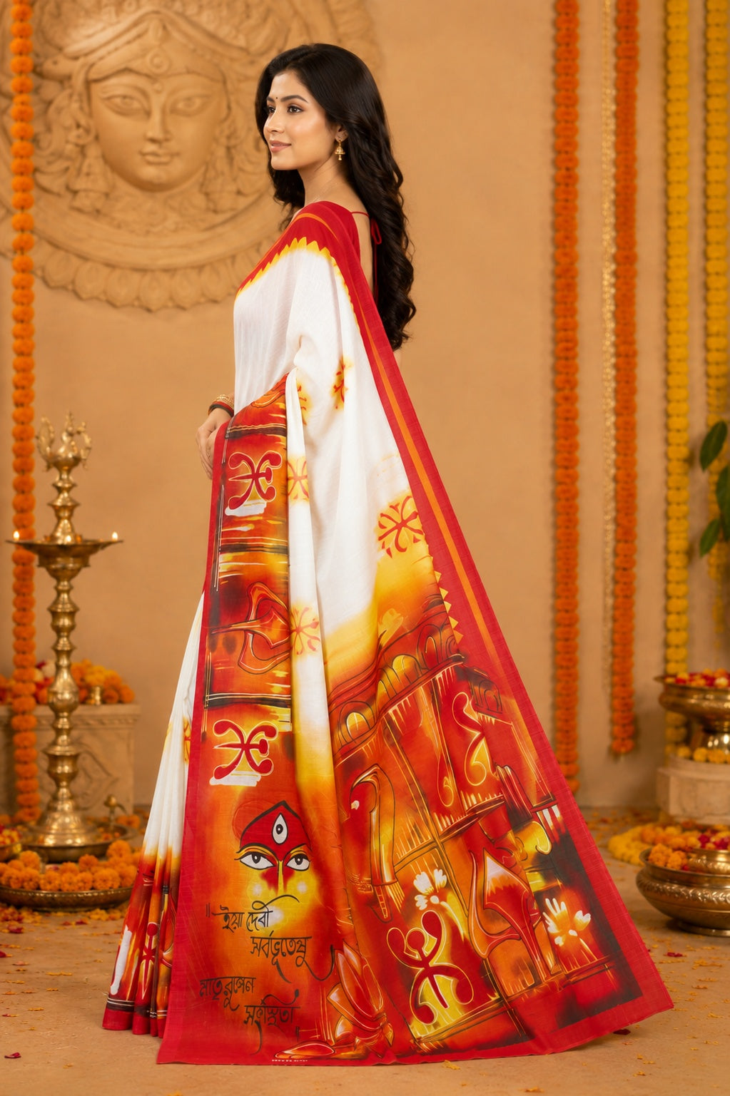 Minu | Women Durga Puja Special Multicolor Malai Cotton Folk Art Printed Saree