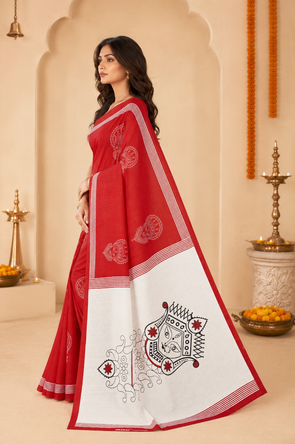 Minu | Women Red & White Durga Puja Special Folk Art Printed Saree