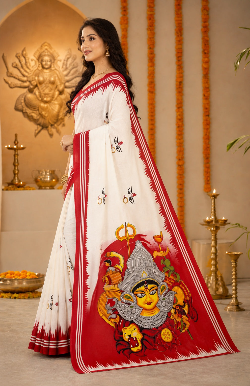 Minu | Women Durga Puja Special White Malai Cotton Folk Art Printed Saree with Red Border