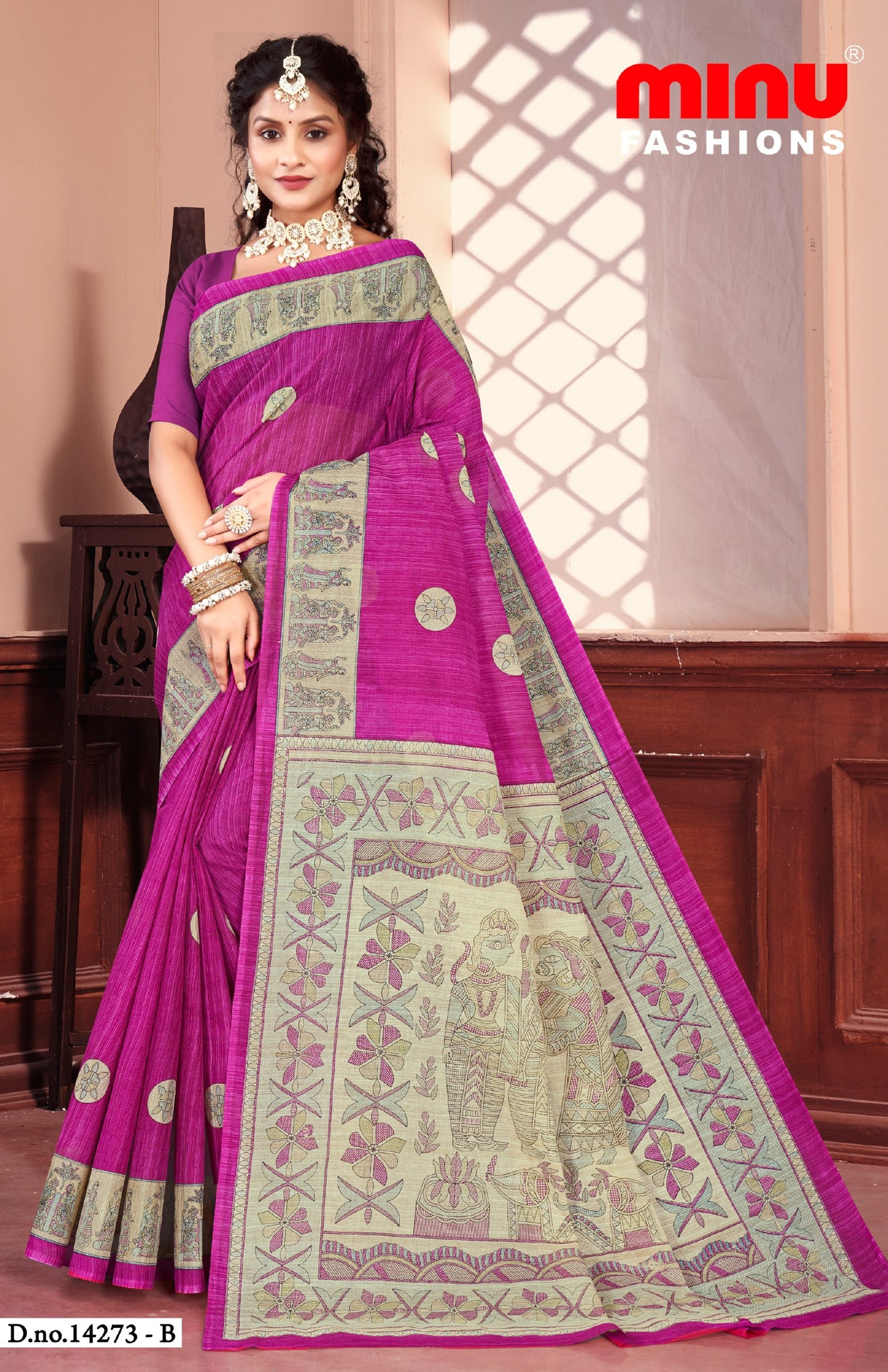 Madhubani Kantha Malai Cotton Printed Saree Purple