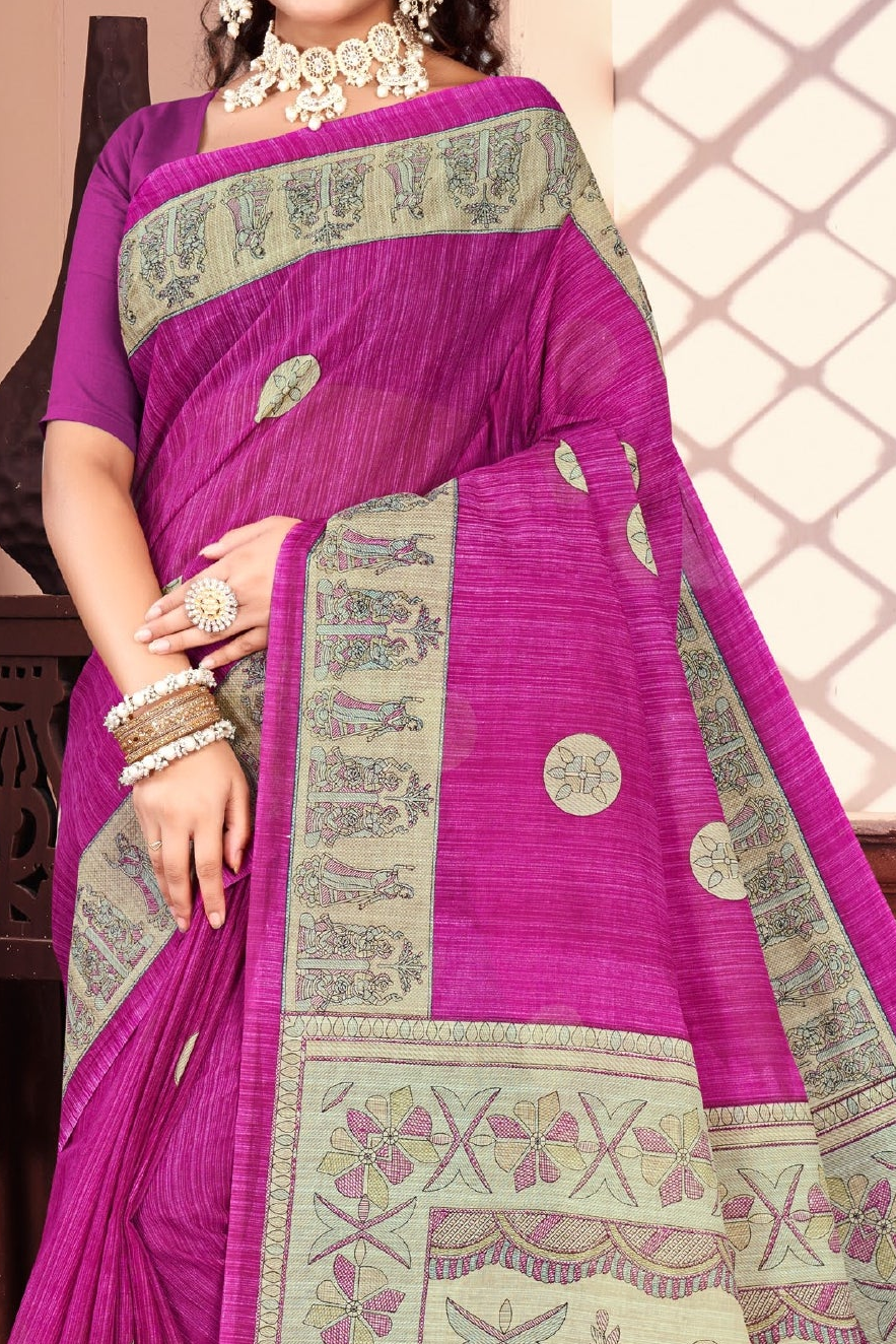 Madhubani Kantha Malai Cotton Printed Saree Purple