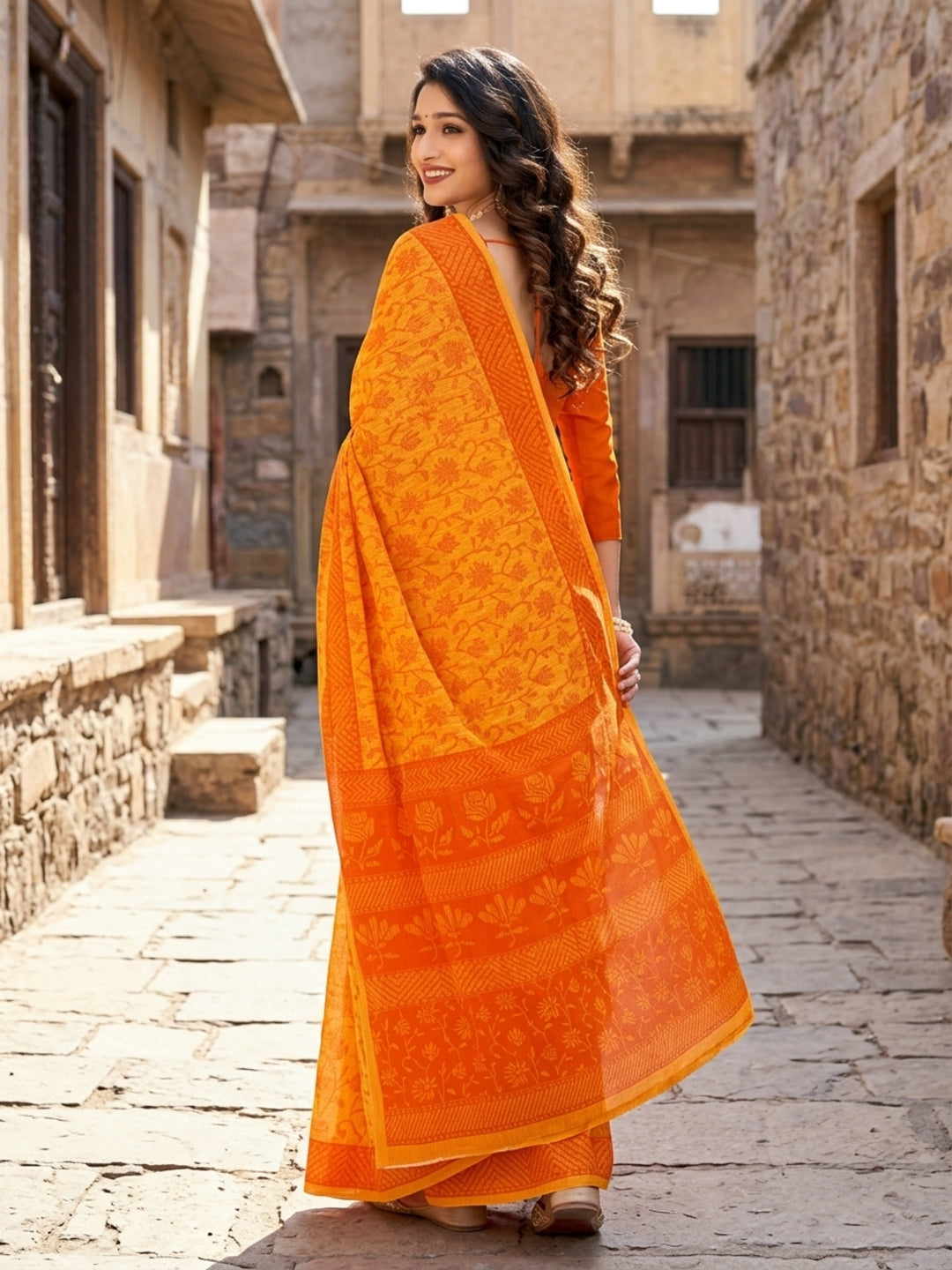 Malang 61 Pure Cotton Printed Daily Wear Saree – Orange