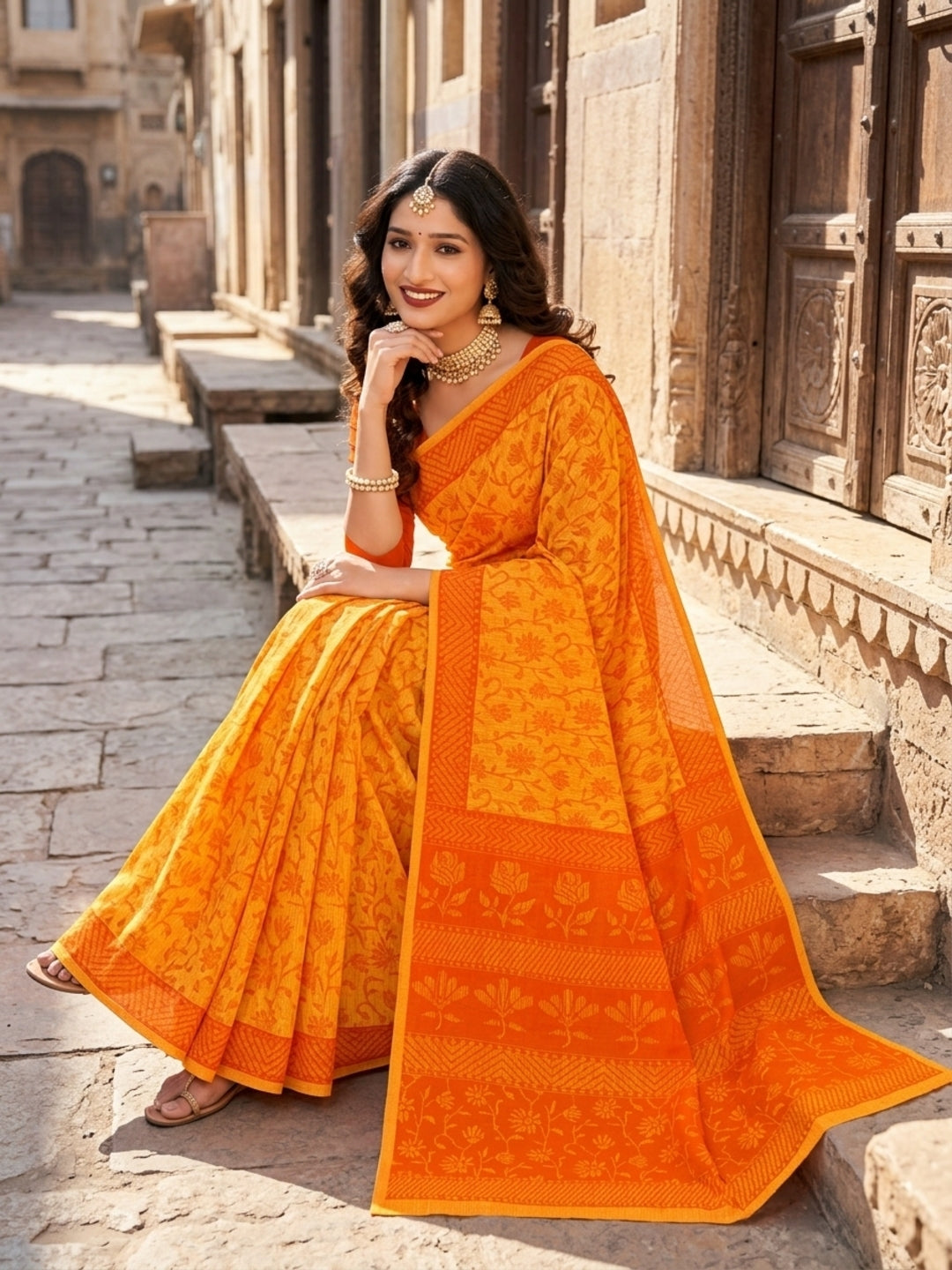 Malang 61 Pure Cotton Printed Daily Wear Saree – Orange