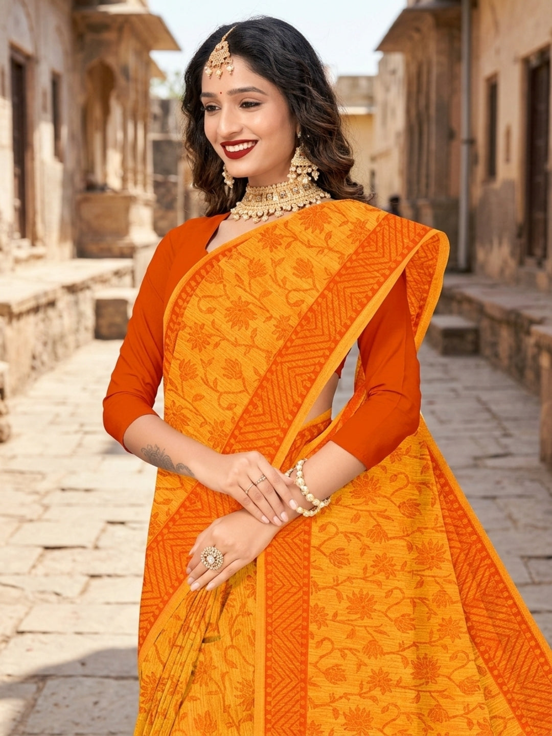 Malang 61 Pure Cotton Printed Daily Wear Saree – Orange