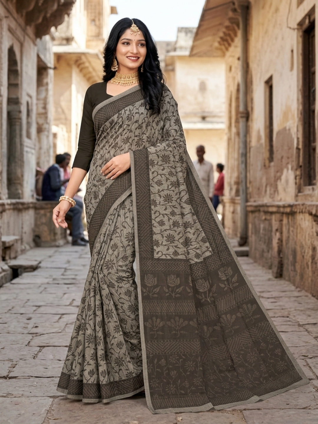 Malang 61 Pure Cotton Printed Daily Wear Saree – Grey
