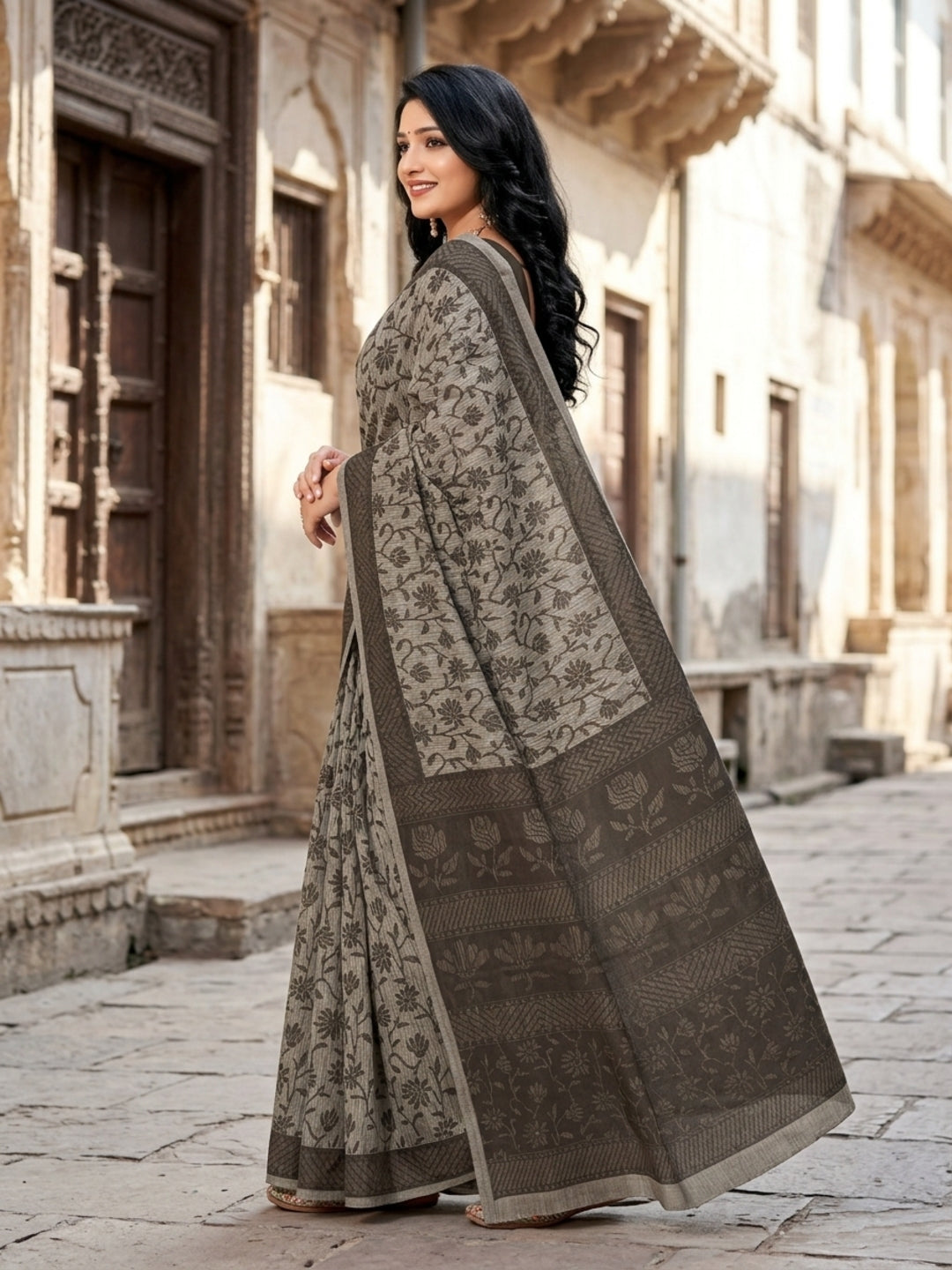 Malang 61 Pure Cotton Printed Daily Wear Saree – Grey