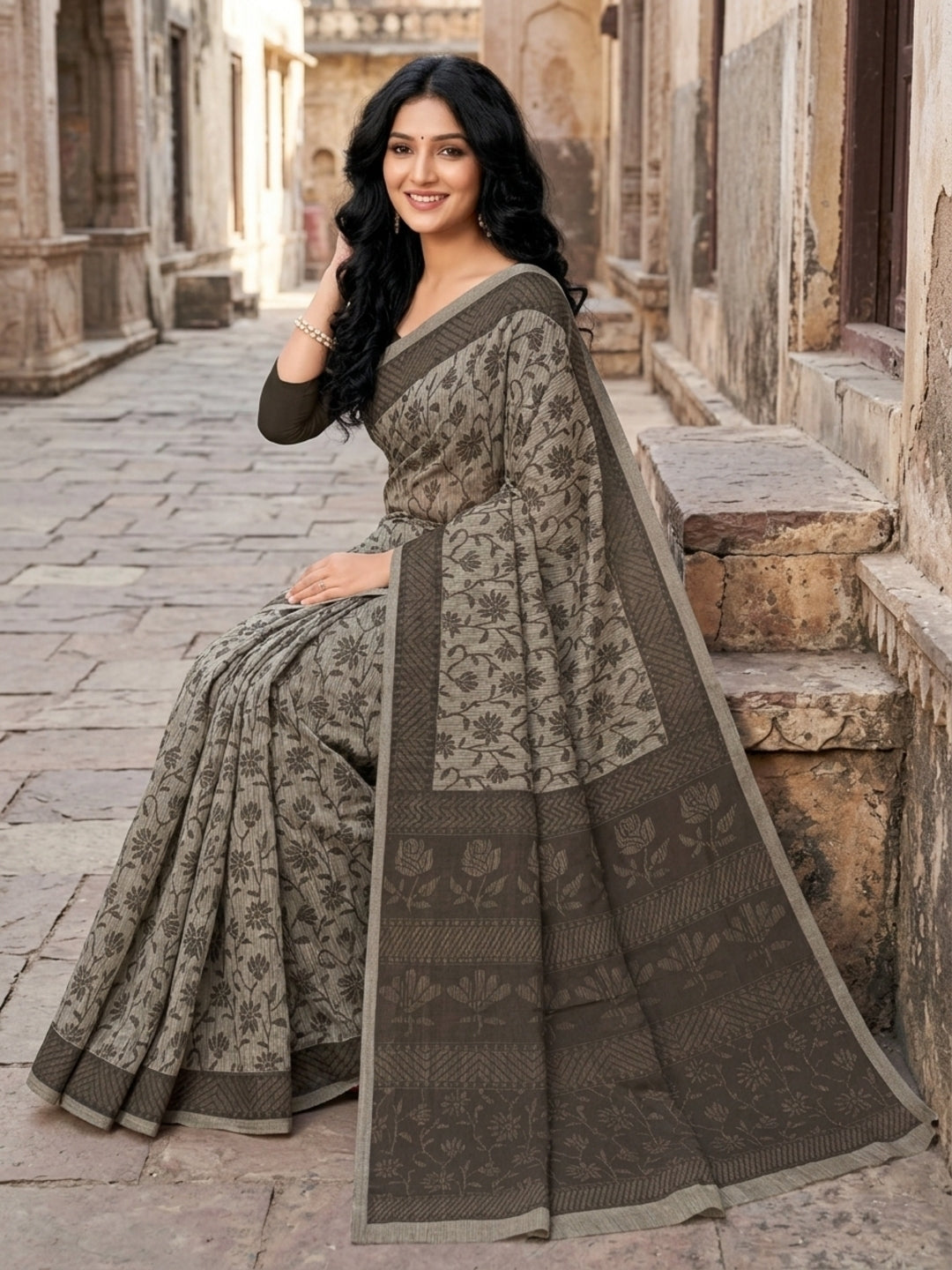 Malang 61 Pure Cotton Printed Daily Wear Saree – Grey
