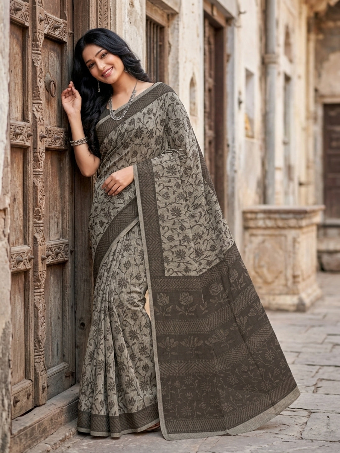 Malang 61 Pure Cotton Printed Daily Wear Saree – Grey