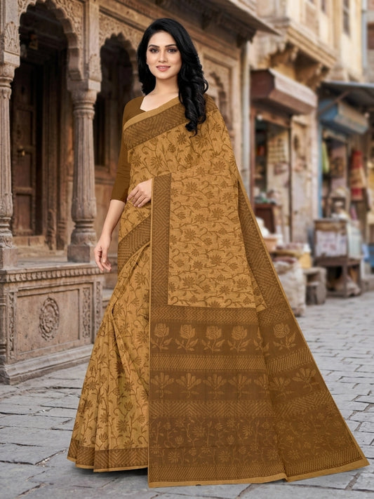Malang 61 Pure Cotton Printed Daily Wear Saree – Beige