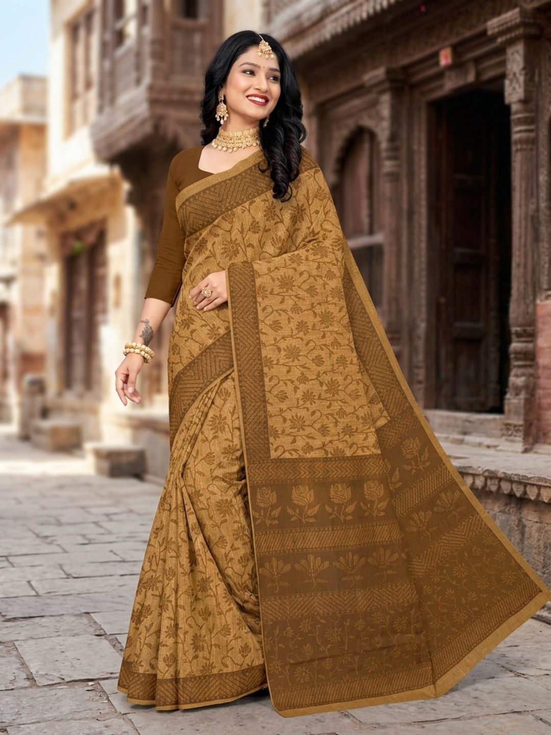 Malang 61 Pure Cotton Printed Daily Wear Saree – Beige