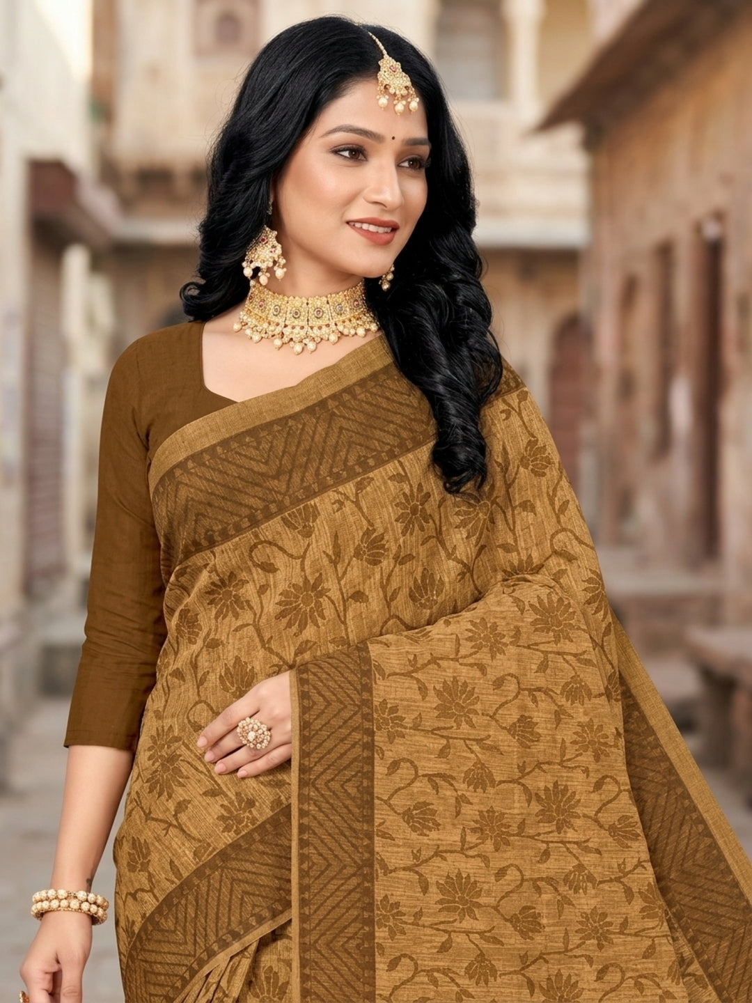 Malang 61 Pure Cotton Printed Daily Wear Saree – Beige