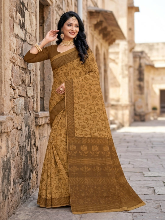 Malang 61 Pure Cotton Printed Daily Wear Saree – Beige
