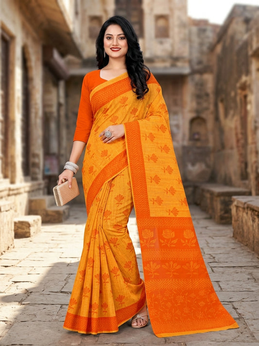 Malang 61 Pure Cotton Printed Daily Wear Saree – Yellow