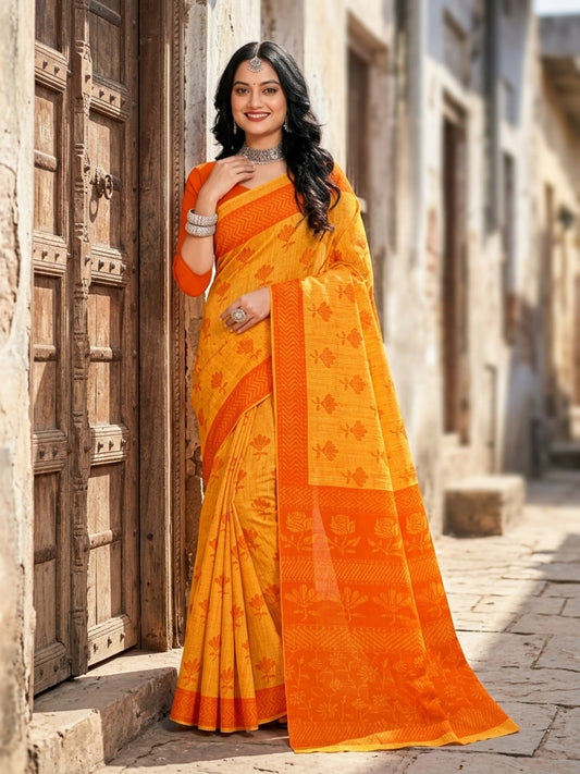 Malang 61 Pure Cotton Printed Daily Wear Saree – Yellow