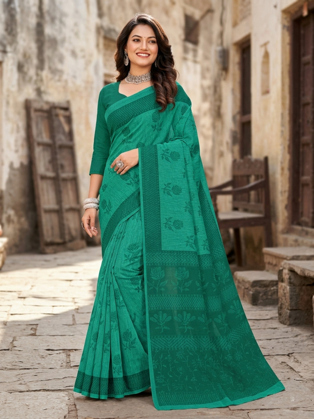 Malang 61 Pure Cotton Printed Daily Wear Saree – Sea Green