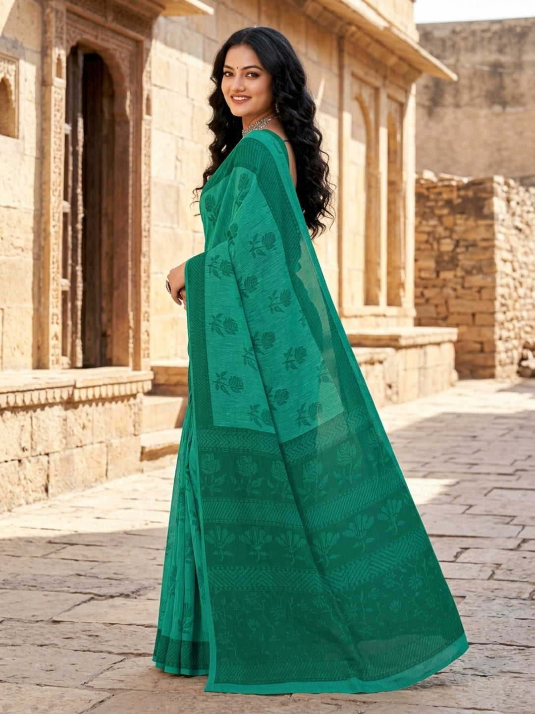 Malang 61 Pure Cotton Printed Daily Wear Saree – Sea Green