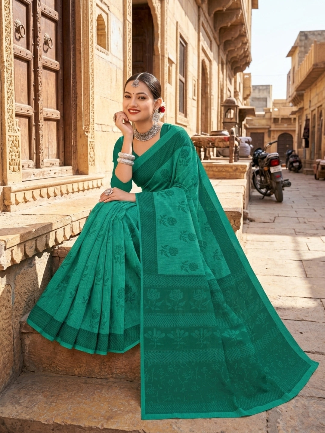 Malang 61 Pure Cotton Printed Daily Wear Saree – Sea Green