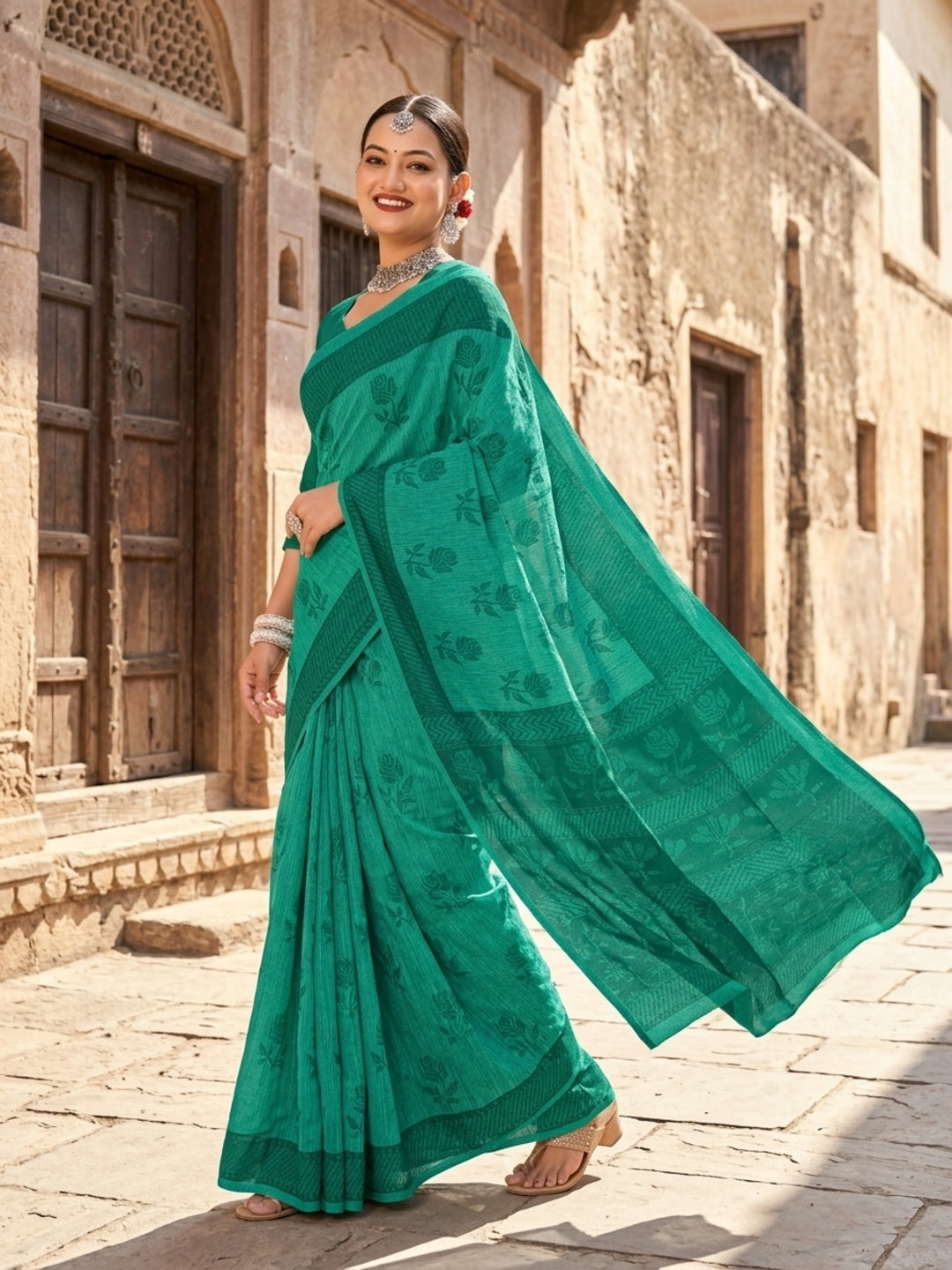 Malang 61 Pure Cotton Printed Daily Wear Saree – Sea Green
