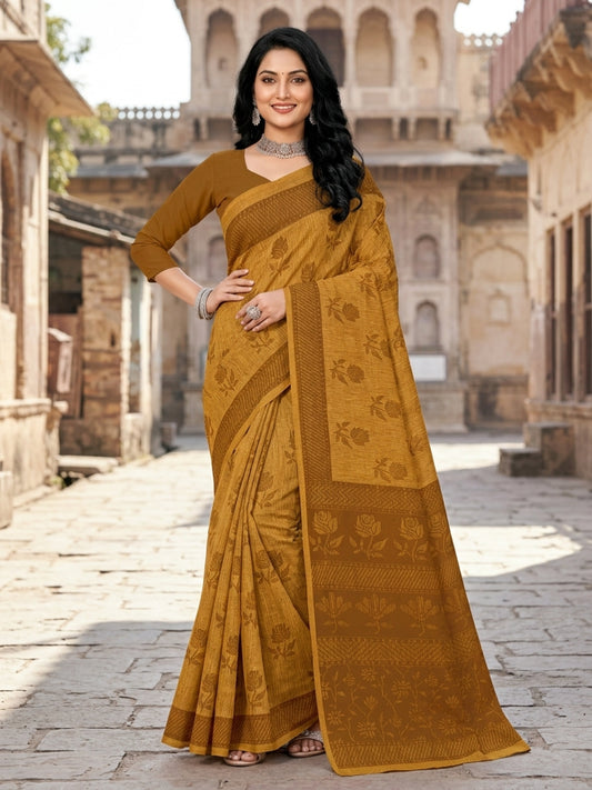 Malang 61 Pure Cotton Printed Daily Wear Saree – Mustard Yellow