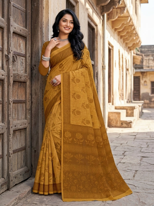 Malang 61 Pure Cotton Printed Daily Wear Saree – Mustard Yellow