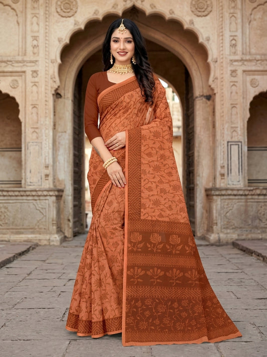 Malang 61 Pure Cotton Printed Daily Wear Saree – Copper Brown