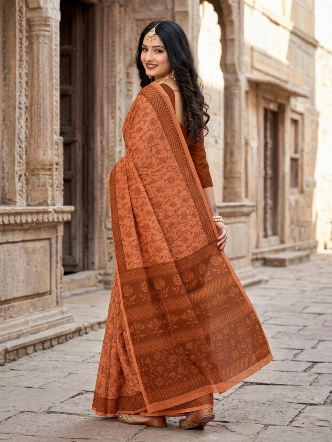 Malang 61 Pure Cotton Printed Daily Wear Saree – Copper Brown