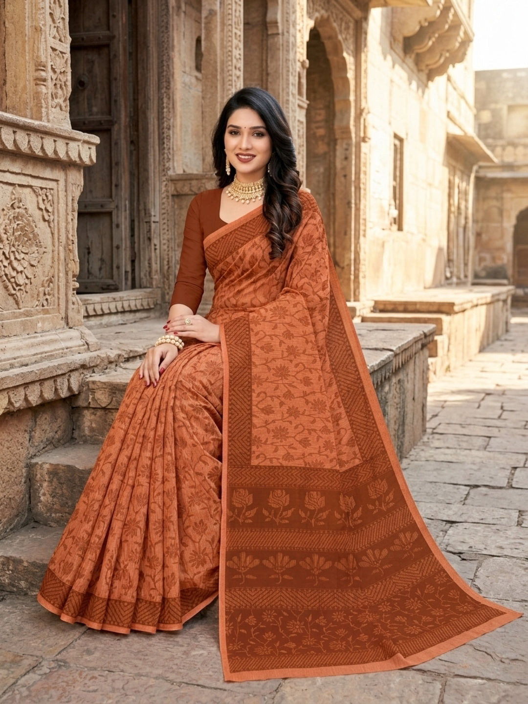 Malang 61 Pure Cotton Printed Daily Wear Saree – Copper Brown