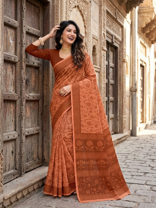 Malang 61 Pure Cotton Printed Daily Wear Saree – Copper Brown