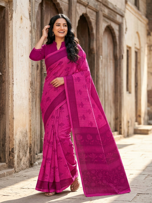 Malang 61 Pure Cotton Printed Daily Wear Saree – Pink