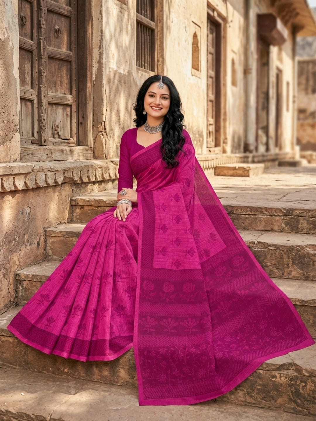 Malang 61 Pure Cotton Printed Daily Wear Saree – Pink