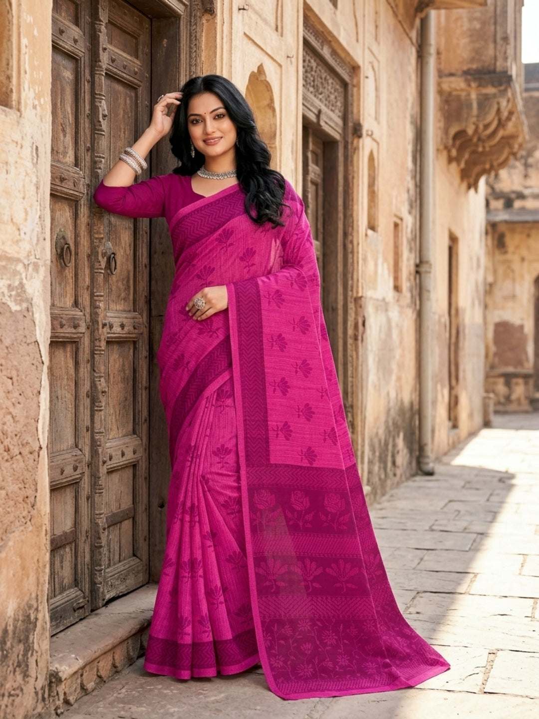 Malang 61 Pure Cotton Printed Daily Wear Saree – Pink