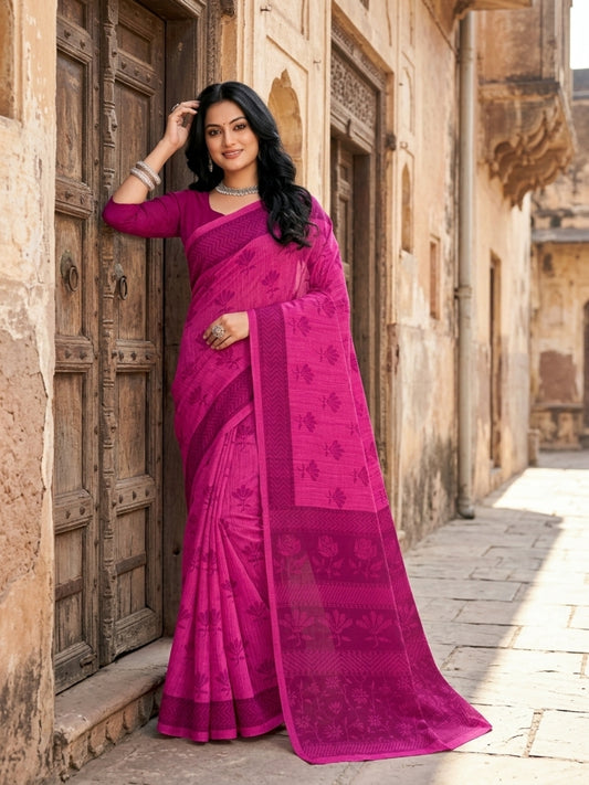 Malang 61 Pure Cotton Printed Daily Wear Saree – Pink