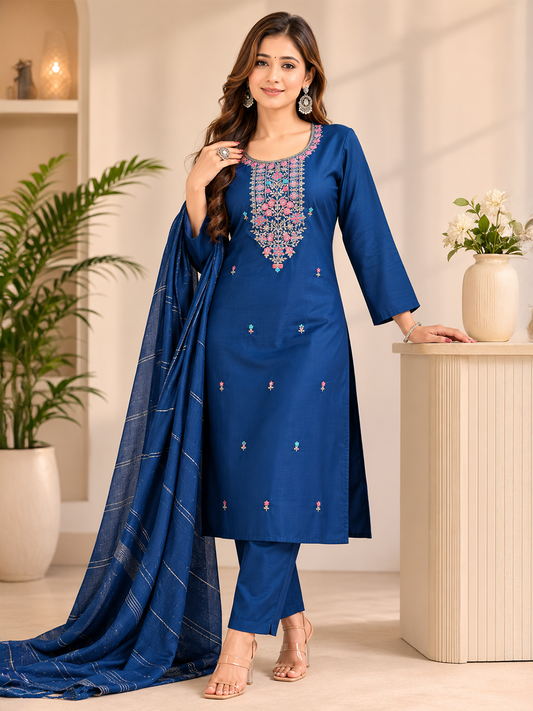Minu Fashions Women Embroidered Roman Silk Straight Kurta with Trouser & Viscose Dupatta (3-Piece Set)