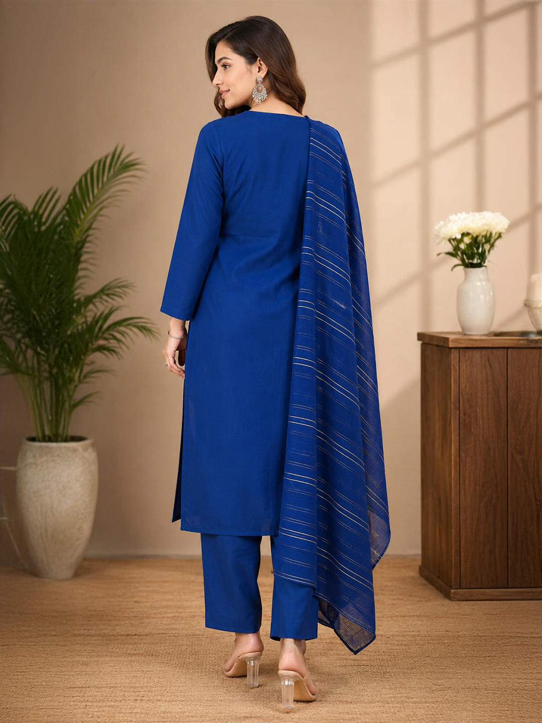 Minu Fashions Women Embroidered Roman Silk Straight Kurta with Trouser & Viscose Dupatta (3-Piece Set)