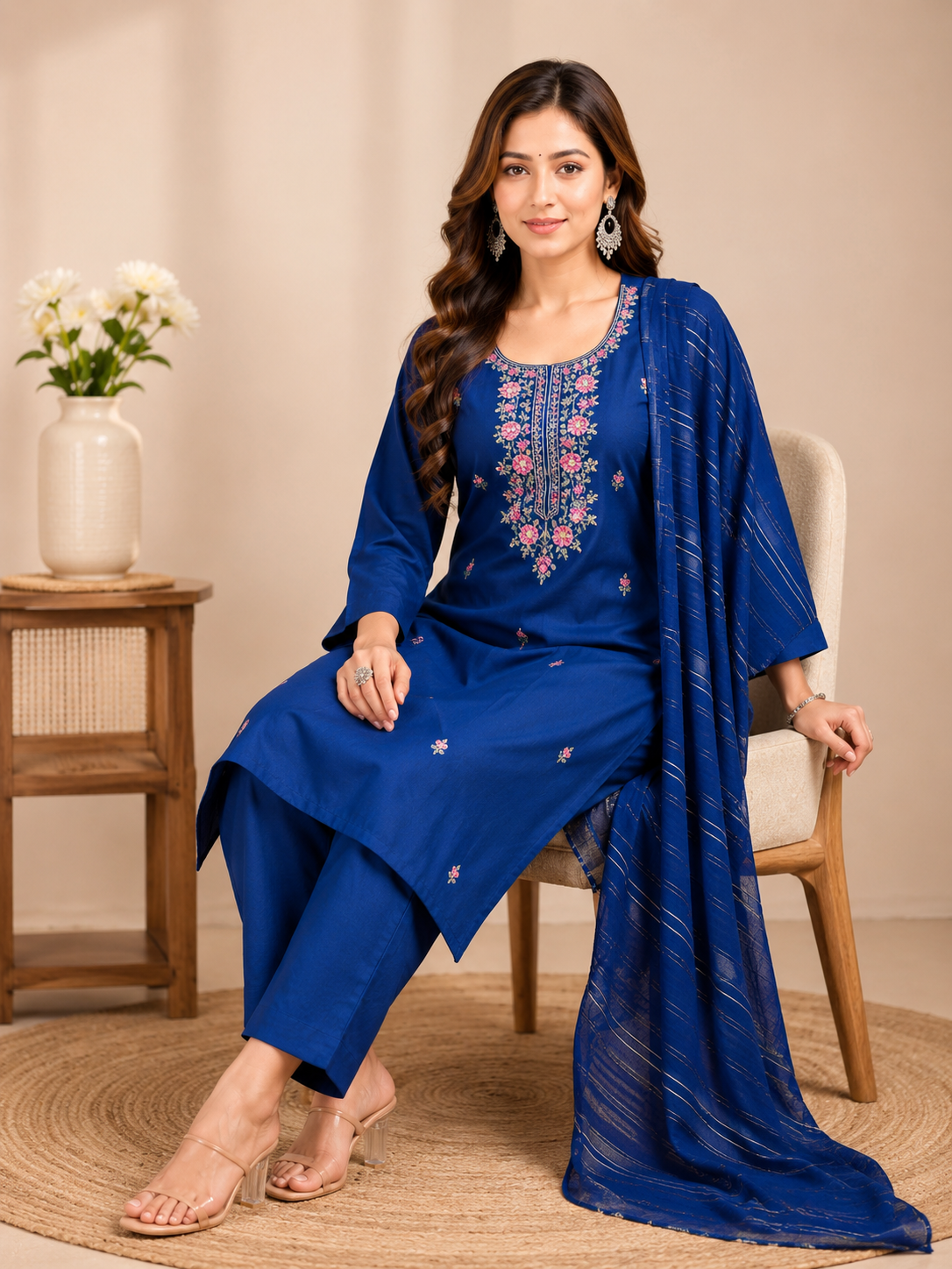 Minu Fashions Women Embroidered Roman Silk Straight Kurta with Trouser & Viscose Dupatta (3-Piece Set)