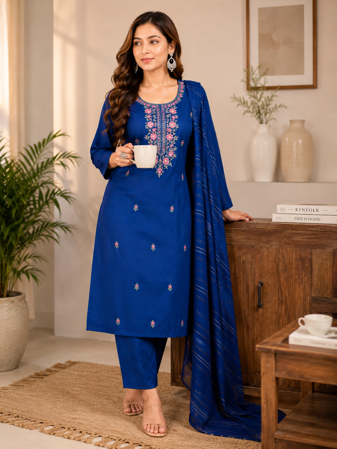 Minu Fashions Women Embroidered Roman Silk Straight Kurta with Trouser & Viscose Dupatta (3-Piece Set)