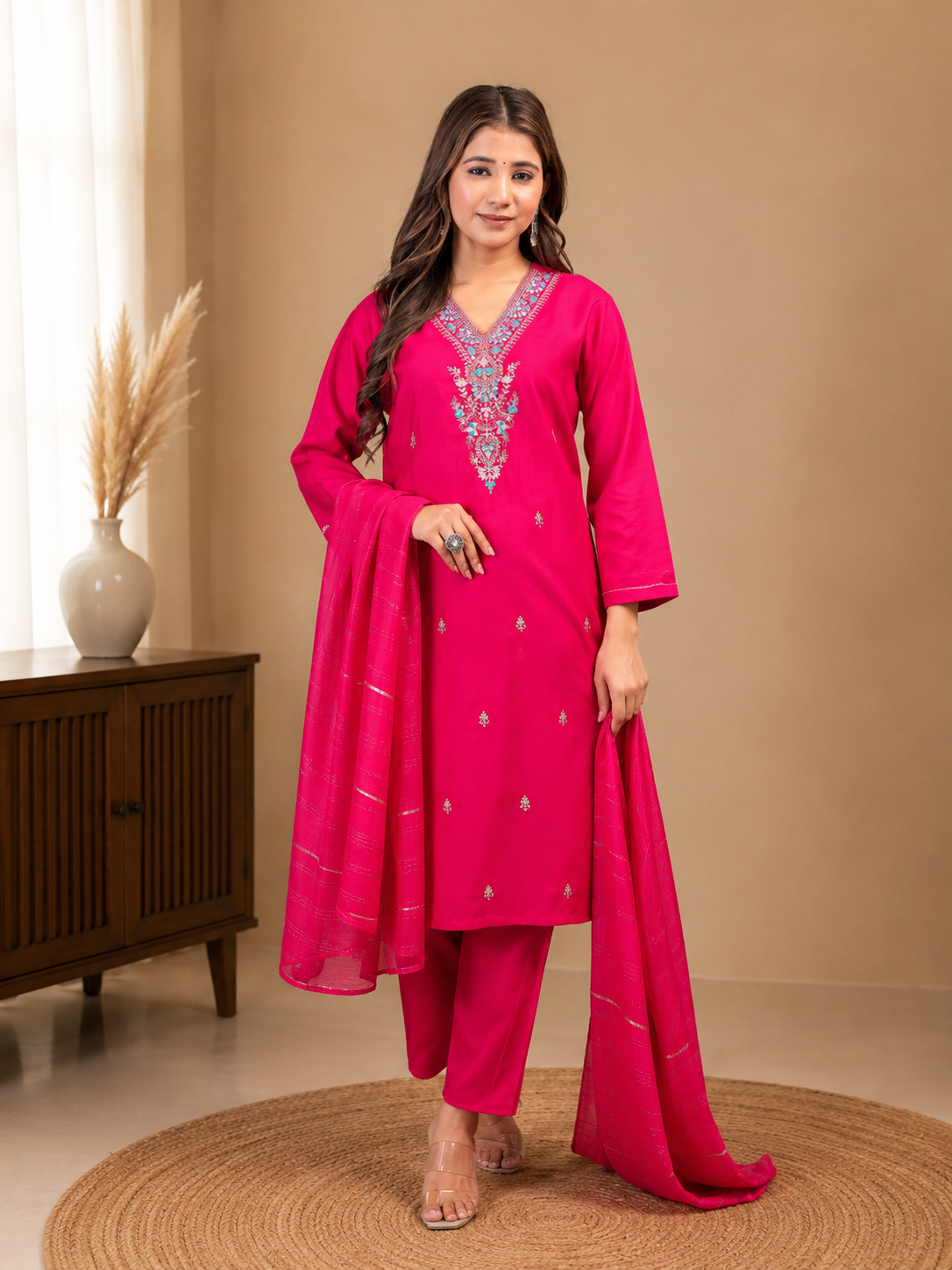 Minu Fashions Women Embroidered Roman Silk Straight Kurta with Trouser & Viscose Dupatta (3-Piece Set)