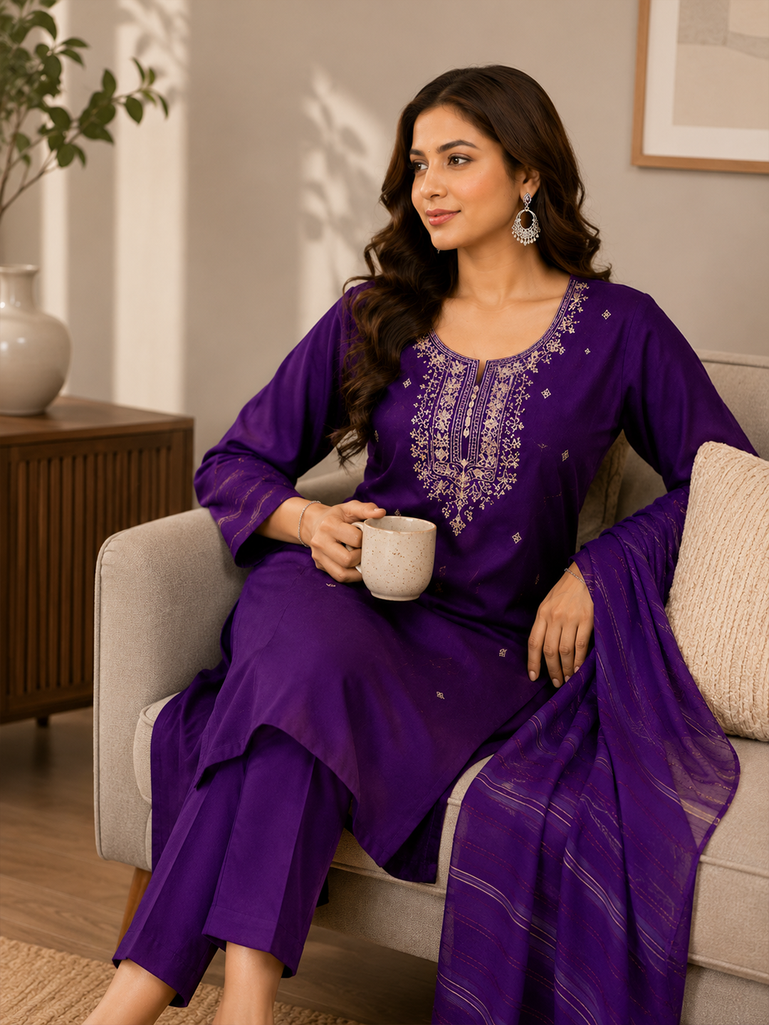 Minu Fashions Women Purple Embroidered Roman Silk Straight Kurta with Trouser & Viscose Dupatta (3-Piece Set)