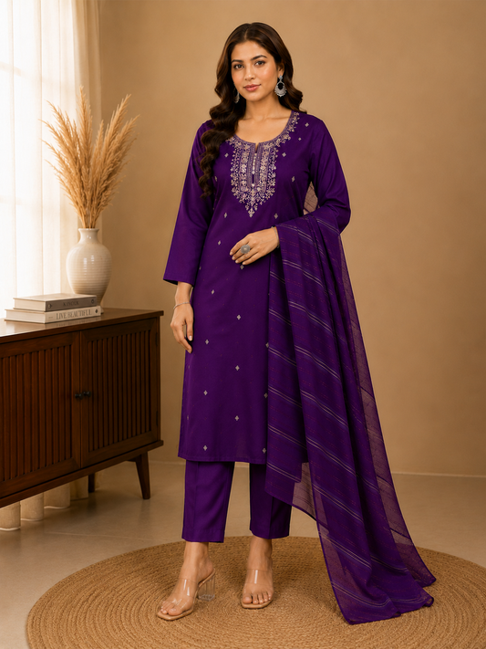 Minu Fashions Women Embroidered Roman Silk Straight Kurta with Trouser & Viscose Dupatta (3-Piece Set)