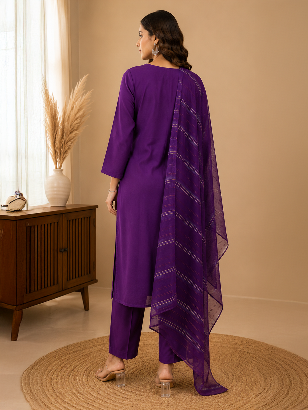 Minu Fashions Women Purple Embroidered Roman Silk Straight Kurta with Trouser & Viscose Dupatta (3-Piece Set)