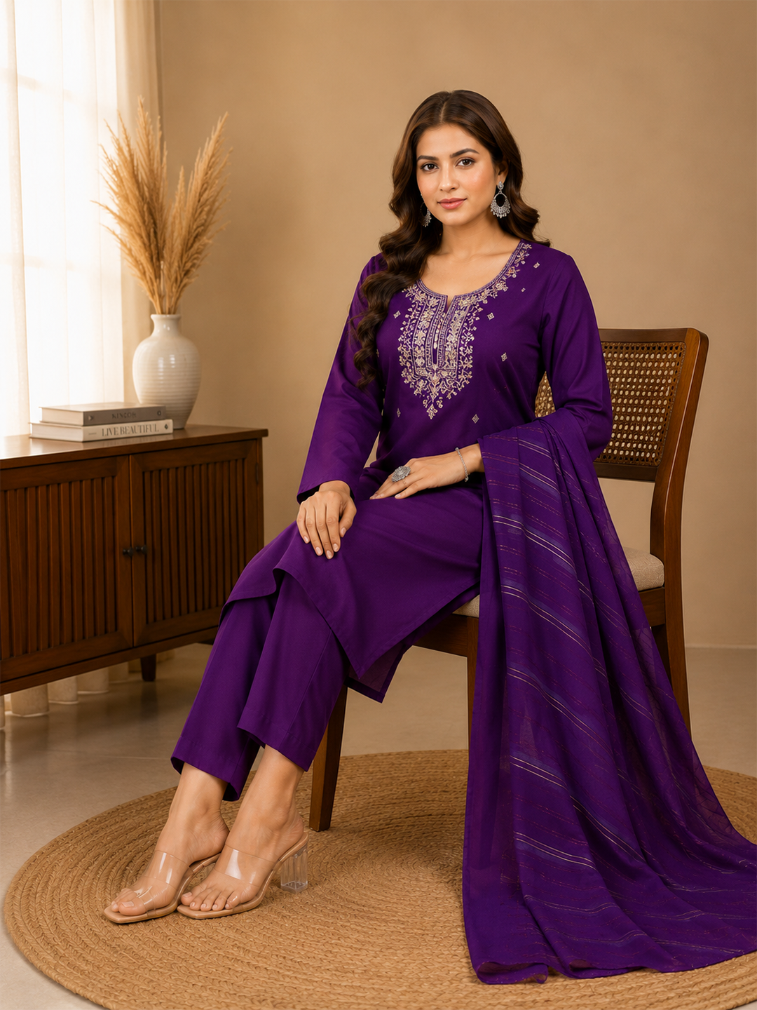 Minu Fashions Women Purple Embroidered Roman Silk Straight Kurta with Trouser & Viscose Dupatta (3-Piece Set)