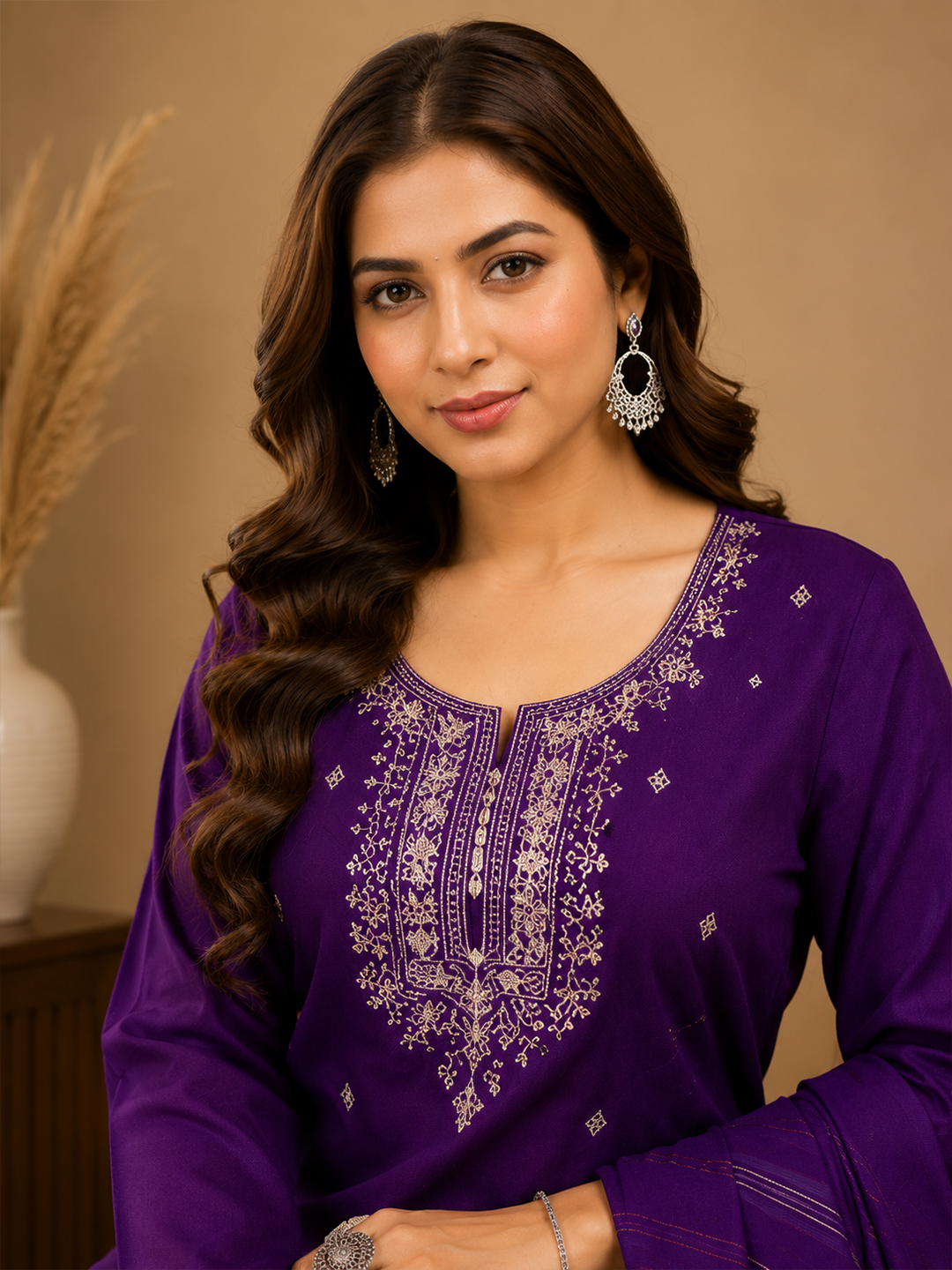 Minu Fashions Women Purple Embroidered Roman Silk Straight Kurta with Trouser & Viscose Dupatta (3-Piece Set)