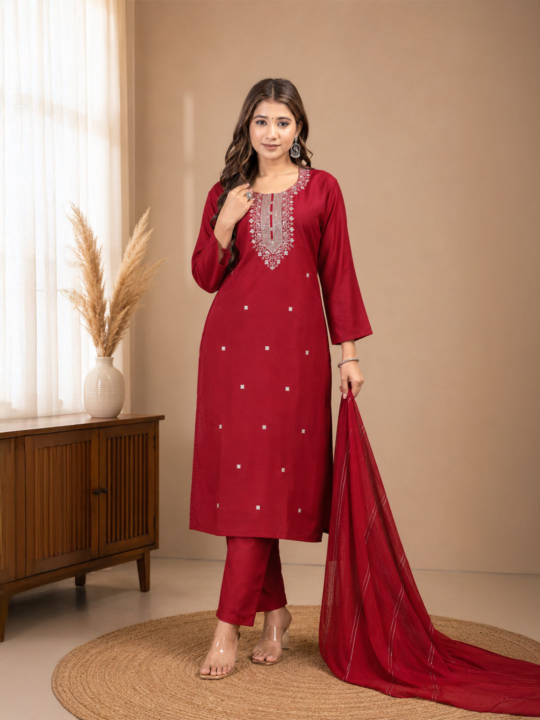 Minu Fashions Women Embroidered Roman Silk Straight Kurta with Trouser & Viscose Dupatta (3-Piece Set)