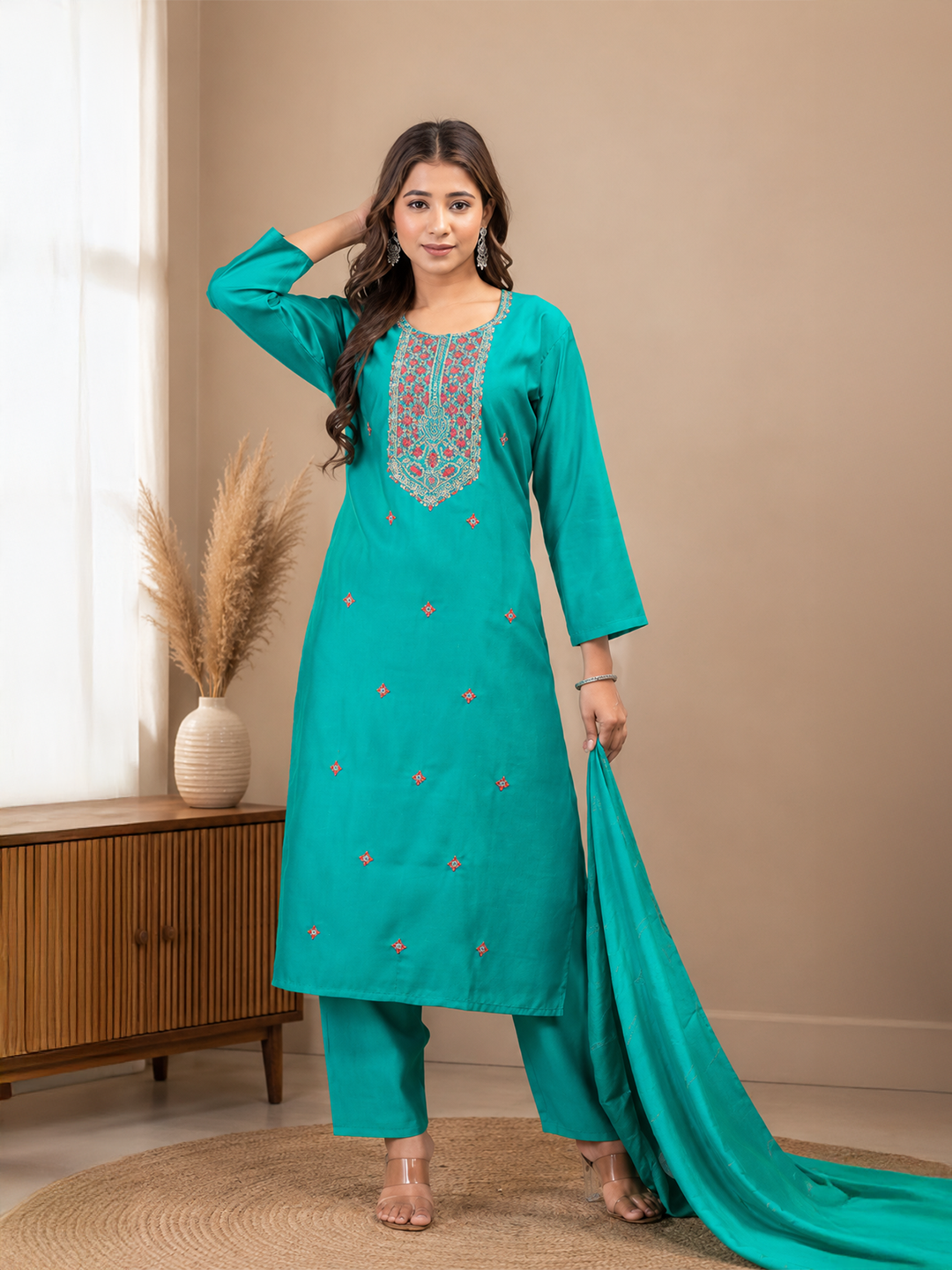 Minu Fashions Women Embroidered Roman Silk Straight Kurta with Trouser & Viscose Dupatta (3-Piece Set)